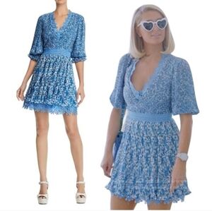 Alice + Olivia Powder Blue Lace-Trim V-Neck Mini Dress